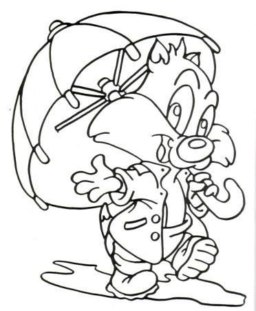 coloriage petit minet avec parapluie